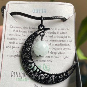 Seafoam Celestite in Black Enamel Celtic Crescent Moon  Pendant